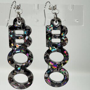 Black Holographic BOO Glitter Halloween Dangle Earrings Sparkling Shiny Cute